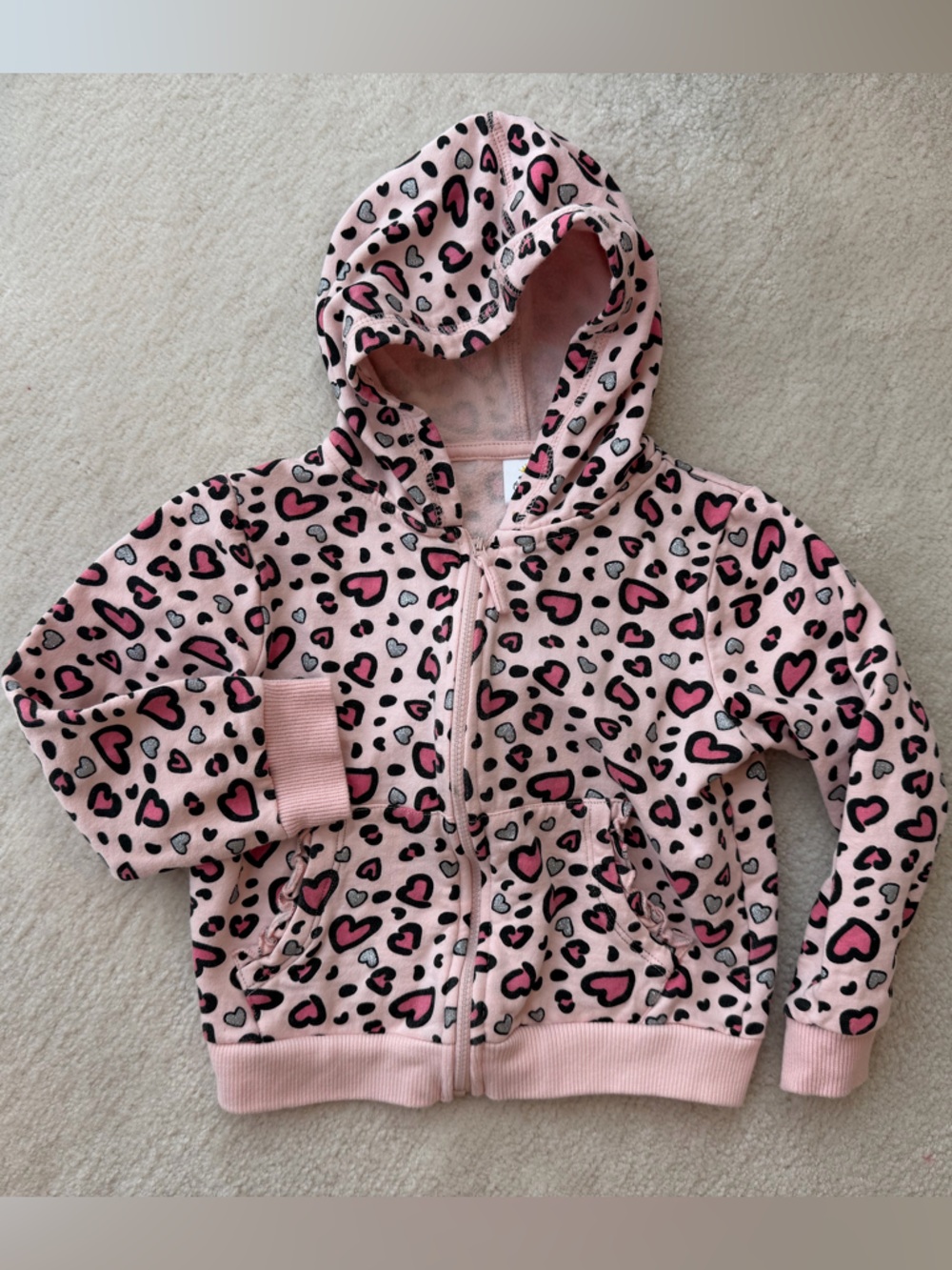 Girls Pink and Shiny Silver Heart Print Cotton Hooded Zip Jacket